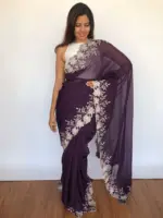 Dark Purple Organza Saree adorned with Scalloped Edging - Image 2