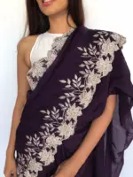 Dark Purple Organza Saree adorned with Scalloped Edging - Image 4