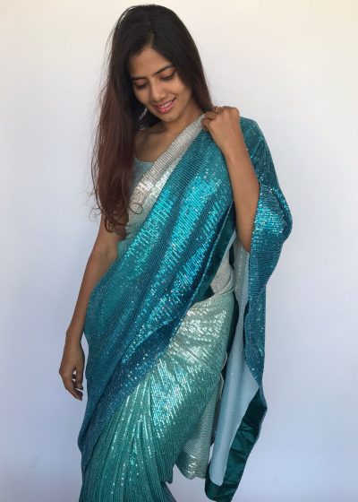 Ombre Blue Georgette Sequin Saree