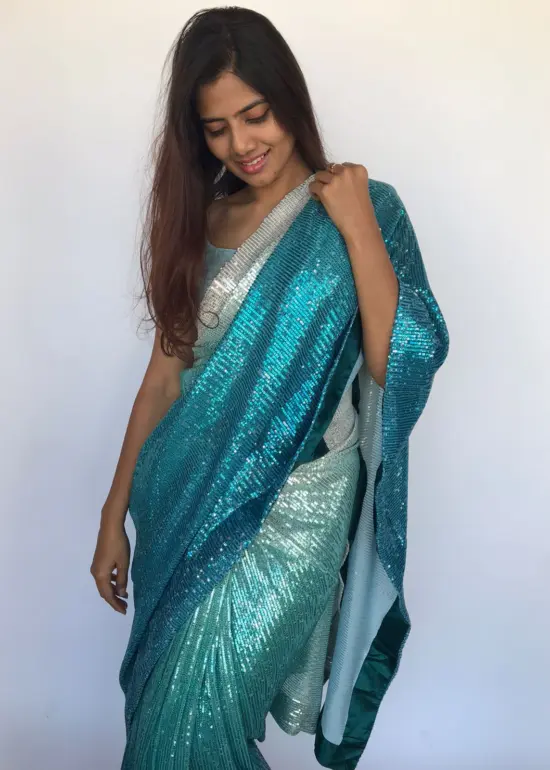 Ombre Blue Georgette Sequin Saree