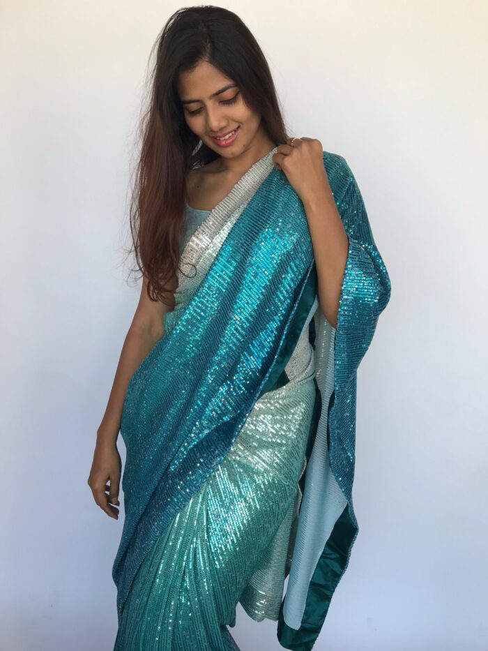 Ombre Blue Georgette Sequin Saree