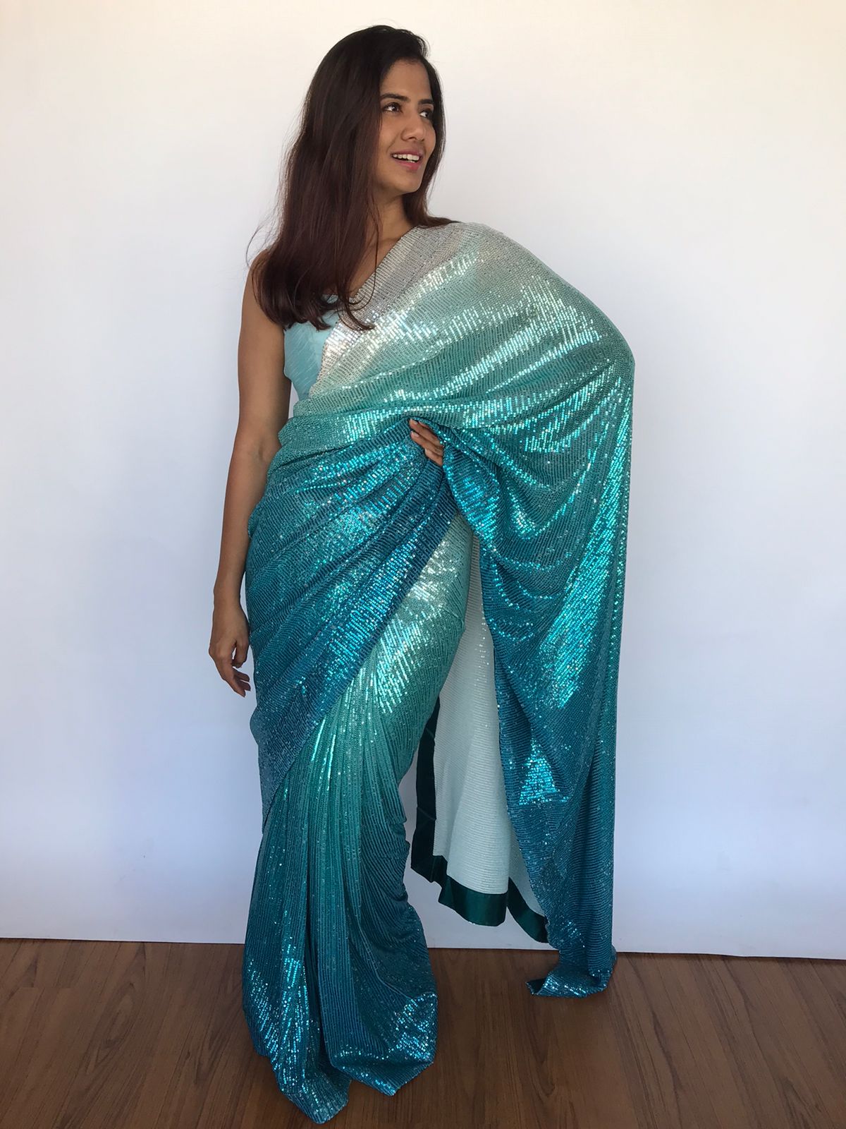 Ombre Blue Georgette Sequin Saree Mirra Clothing