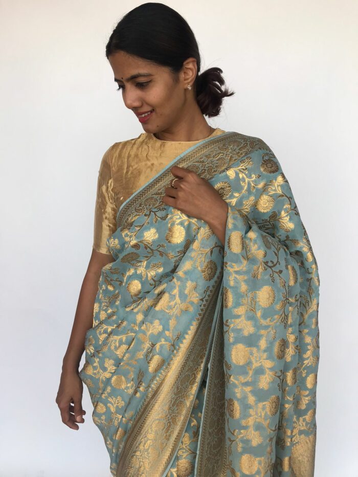 Ice Blue Banarasi Georgette with Woven Floral Weaves