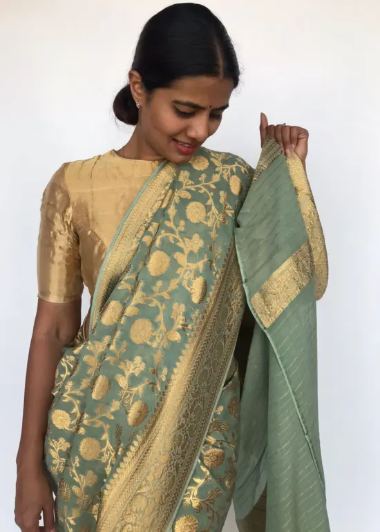 Sea Green Banarasi Georgette Saree with Woven Floral Weaves