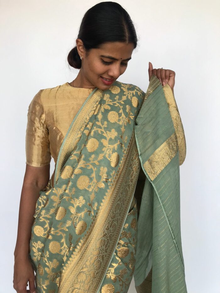 Sea Green Banarasi Georgette Saree with Woven Floral Weaves