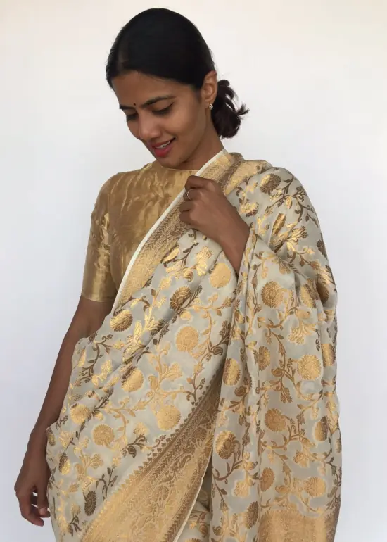 Ivory Banarasi Georgette Saree with Floral Weaves