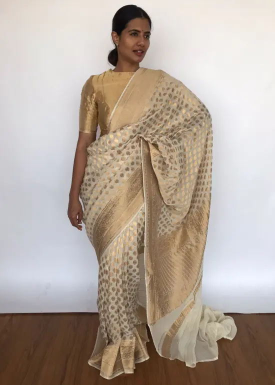 Ivory Banarasi Georgette Saree with Golden Zari