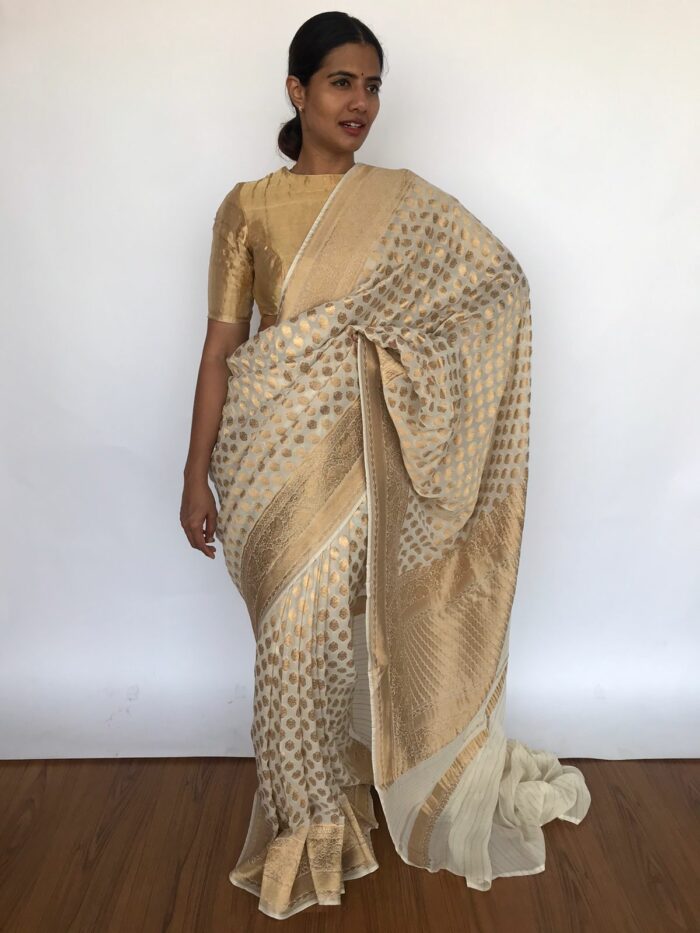 Ivory Banarasi Georgette Saree with Golden Zari