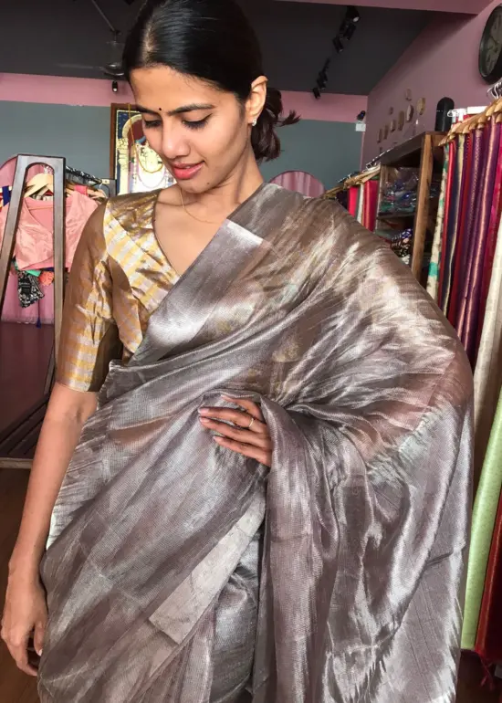 Pure Metallic Silver Tissue Saree