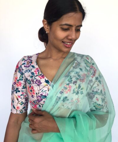 White Muslin Silk Blouse With Floral Prints