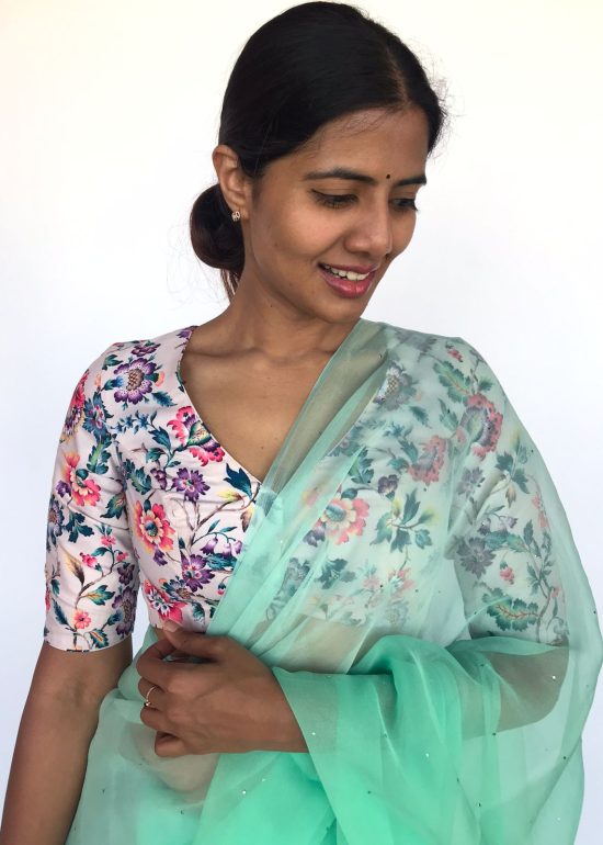 White Muslin Silk Blouse With Floral Prints