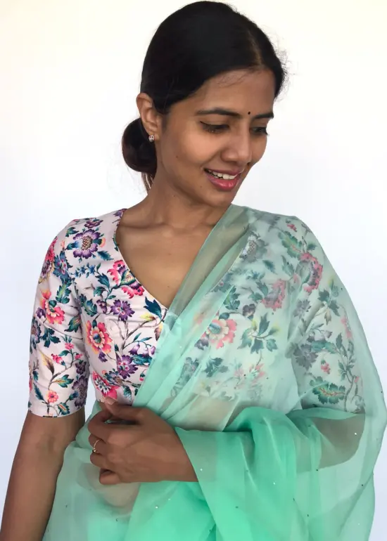 White Muslin Silk Blouse With Floral Prints