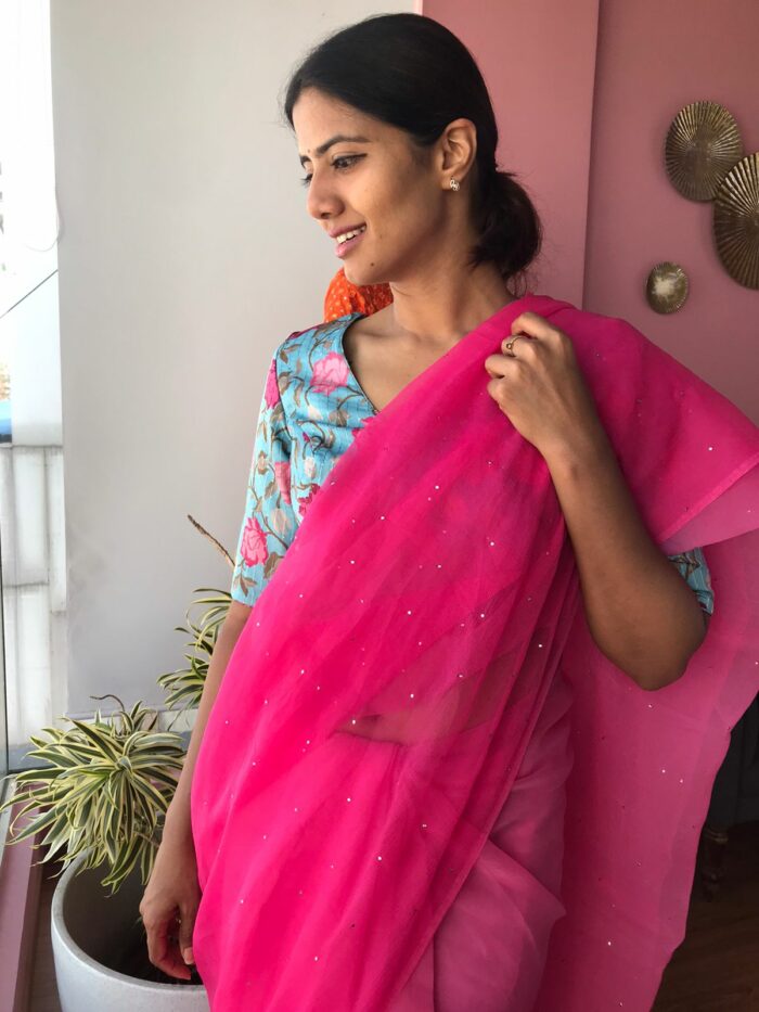 Pink Chiffon Saree with Badla work