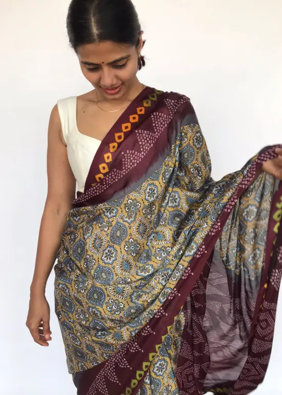 Beige Printed Satin Saree