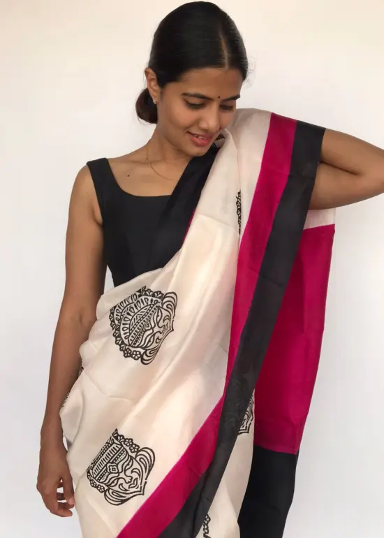 Ivory Block Hand Painted Pure Silk Saree