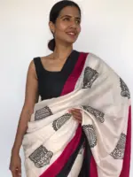 Ivory Block Printed Pure Silk Saree - Image 4