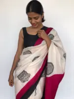 Ivory Block Printed Pure Silk Saree - Image 5