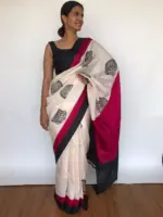 Ivory Block Printed Pure Silk Saree - Image 3