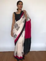 Ivory Block Printed Pure Silk Saree - Image 6