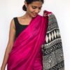 Hot Pink Block Hand Painted Pure Silk Saree