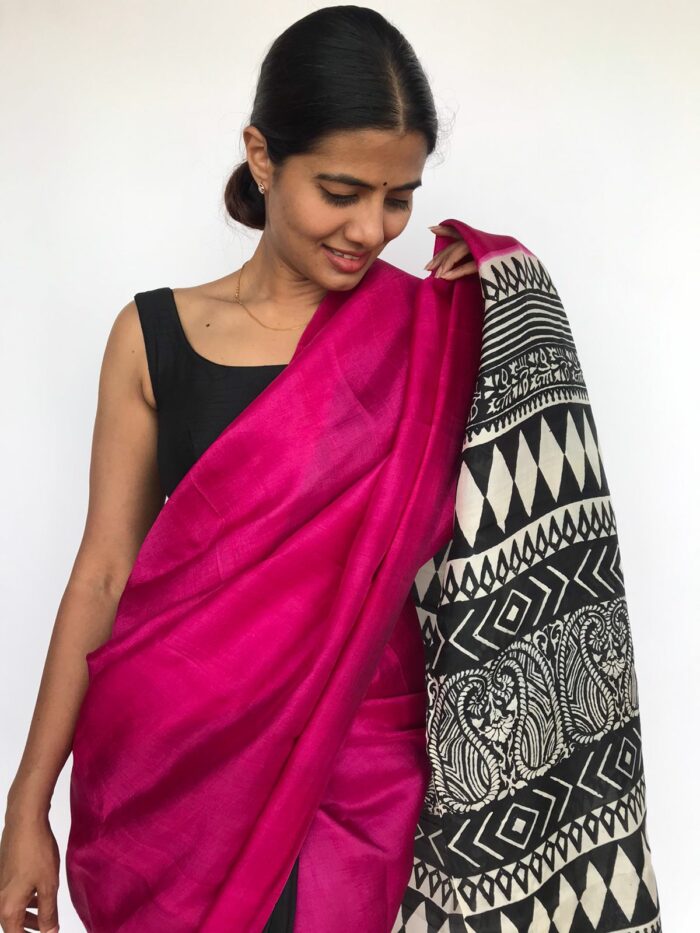 Hot Pink Block Hand Painted Pure Silk Saree