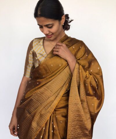 Mustard Kanjeevaram Silver Zari Silk Saree