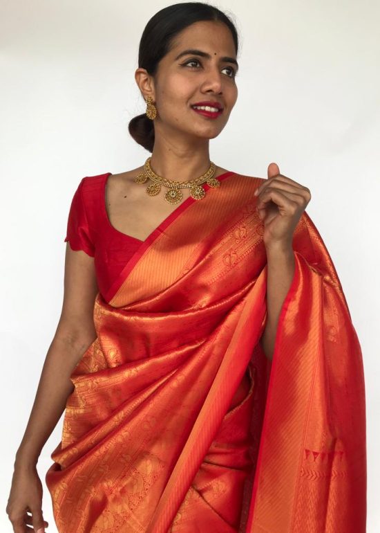 Chilli Red Banarasi Silk Saree with Gold Zari Weaves