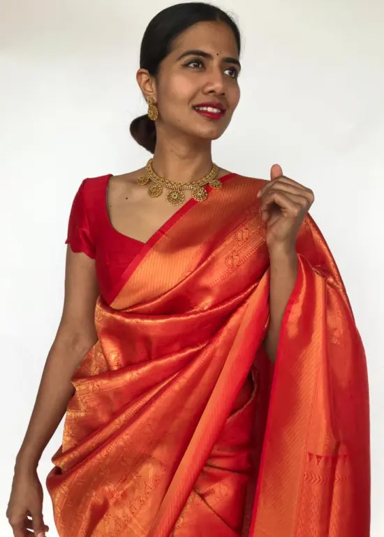 Chilli Red Banarasi Silk Saree with Gold Zari Weaves