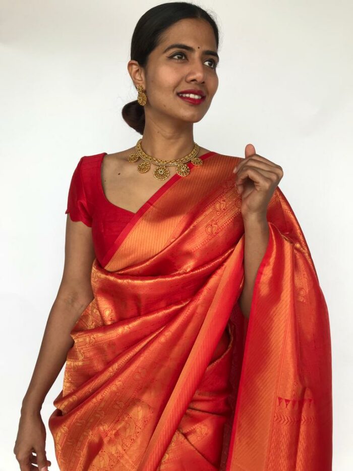 Chilli Red Banarasi Silk Saree with Gold Zari Weaves