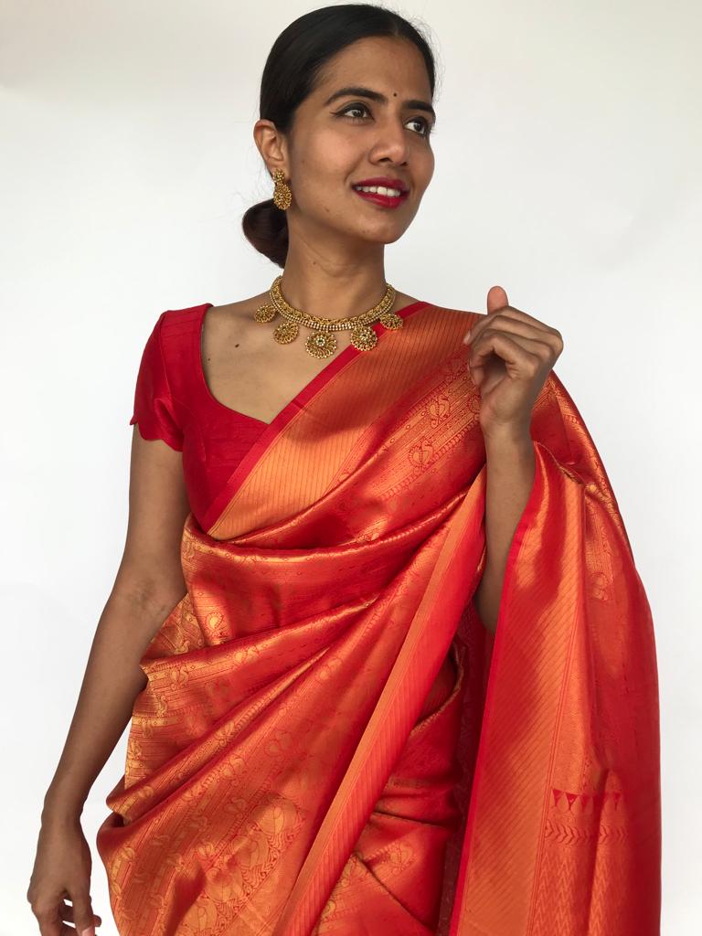 Dear and Tree Design Kanjivaram Pure Wedding Silk Saree Chilli Red Color w/  Blouse – Kanchipuram Silk Sarees