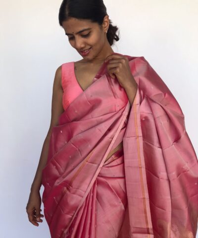 Powder Pink Kanjivaram Silk Saree Handwoven with Silver Zari Buttas