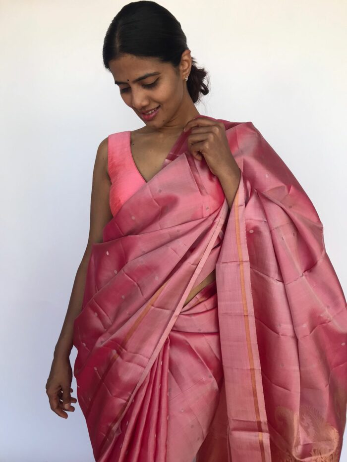 Powder Pink Kanjivaram Silk Saree Handwoven with Silver Zari Buttas