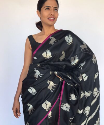 Black Banarasi Silk Saree with Deer Motifs