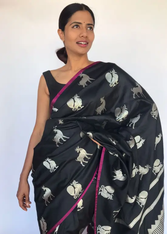 Black Banarasi Silk Saree with Deer Motifs