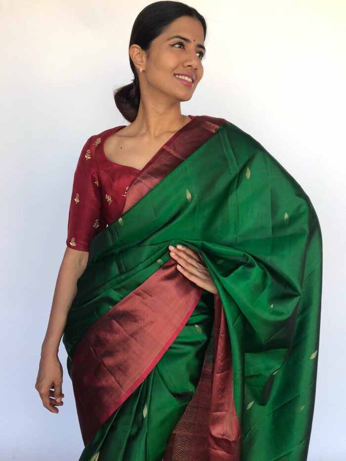 Bottle Green Kanjivaram Saree with Gold Zari Buttas