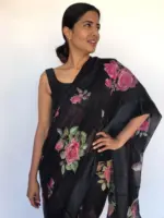 Black Printed Linen Cotton Saree - Image 4