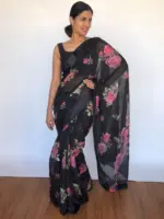 Black Printed Linen Cotton Saree - Image 2