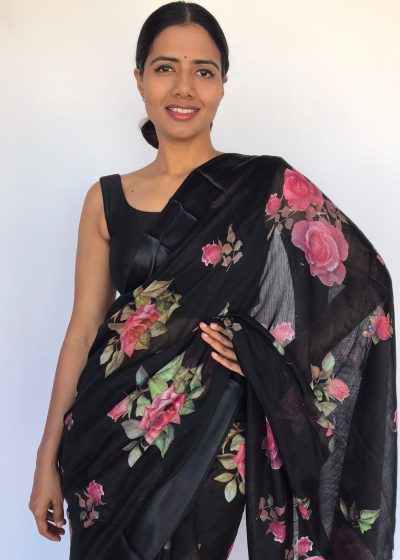 Printed Black Linen Cotton Saree