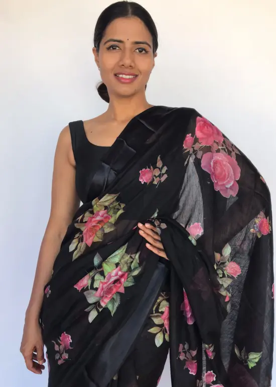Printed Black Linen Cotton Saree