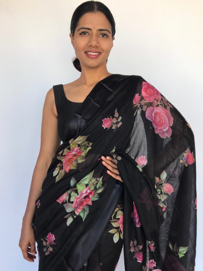 Printed Black Linen Cotton Saree