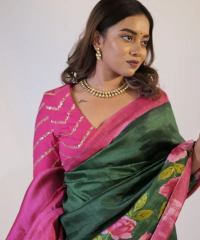 Bottle Green Pure Silk Saree with Hand Painted Florals
