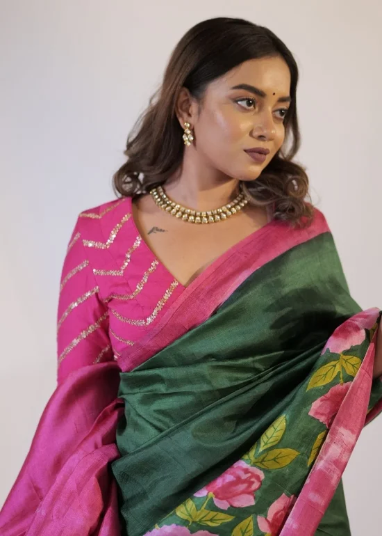 Bottle Green Pure Silk Saree with Hand Painted Florals