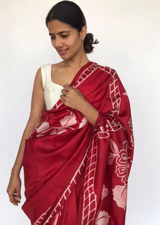 Red Pure Silk Saree with Hand Painted Florals