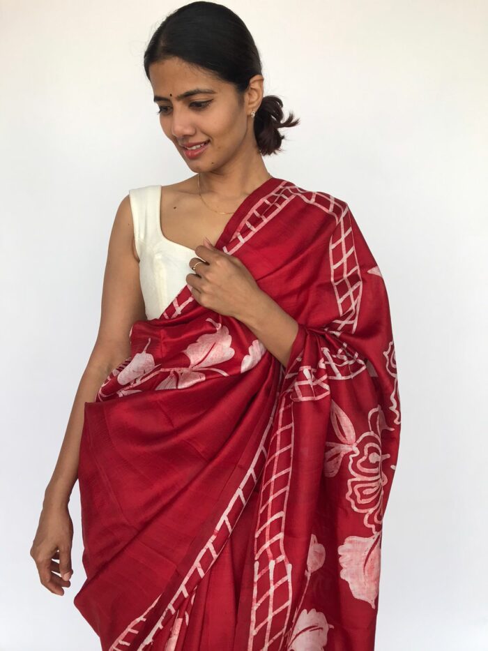 Red Pure Silk Saree with Hand Painted Florals
