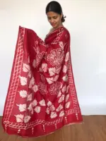Red Pure Silk Saree with Hand Painted Florals - Image 2