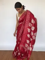 Red Pure Silk Saree with Hand Painted Florals - Image 4