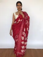 Red Pure Silk Saree with Hand Painted Florals - Image 3