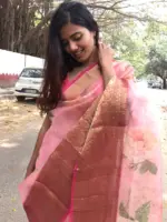 Pure Dainty Pink Printed Organza Saree - Image 6