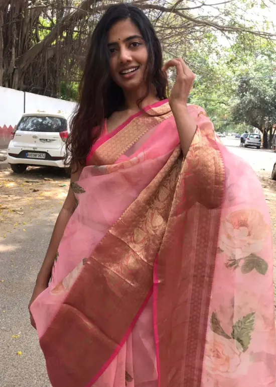 Pure Dainty Pink Printed Organza Saree