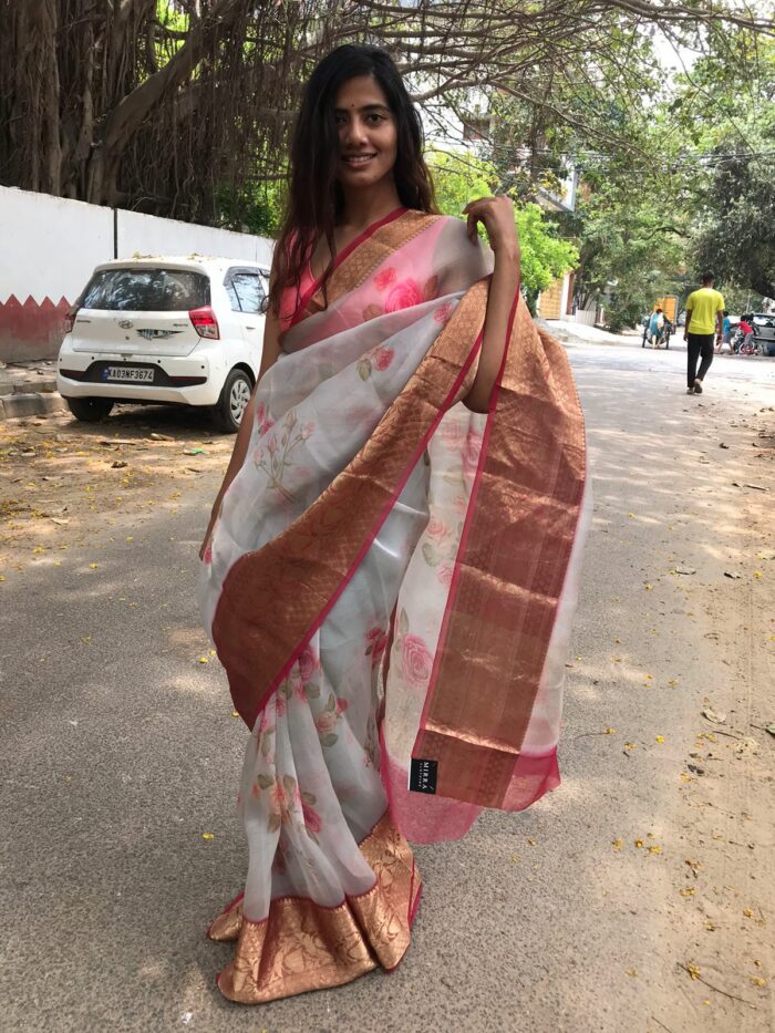 Pure Pale Grey Printed Organza Saree